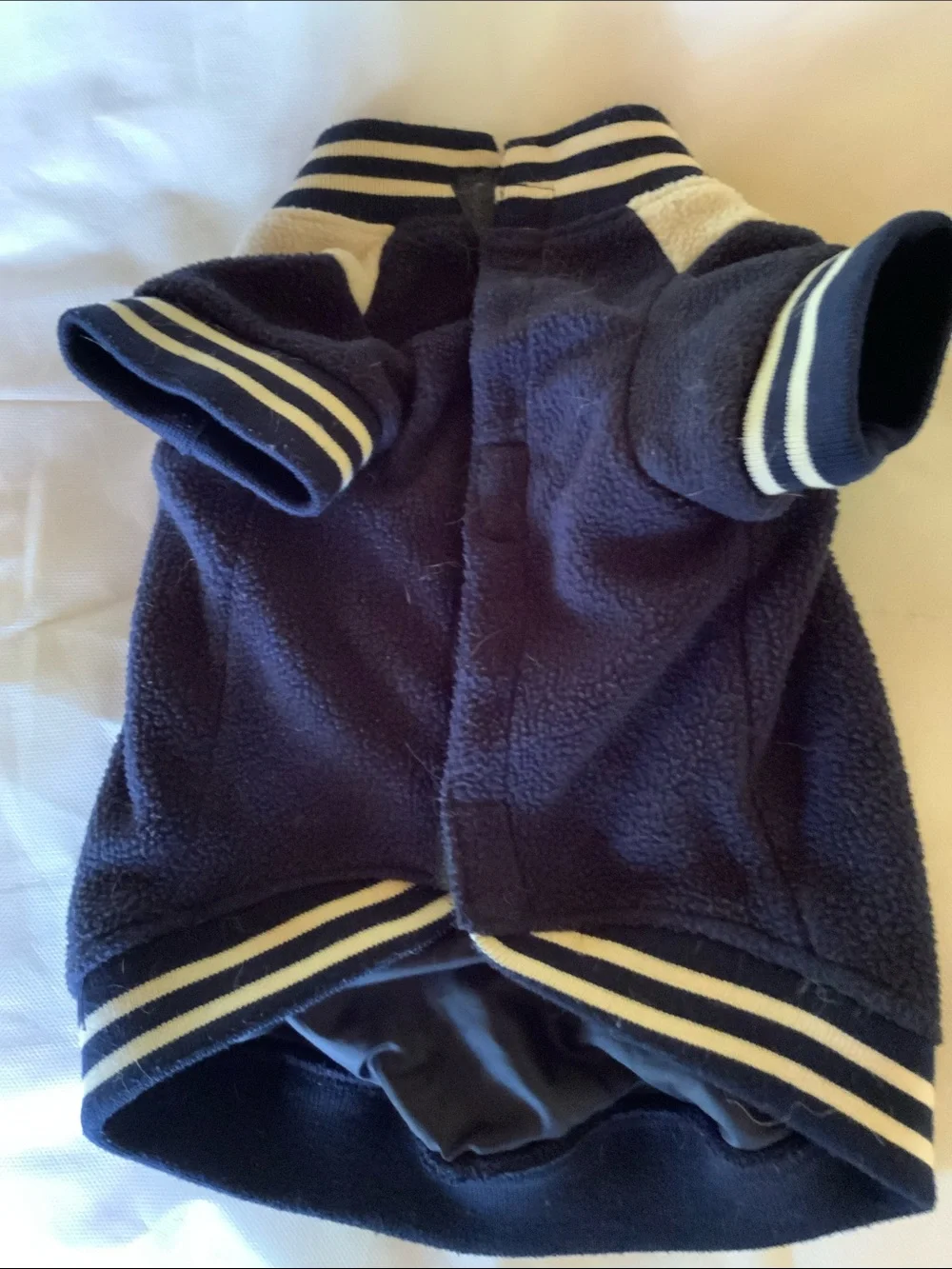 Woolrich Navy and White Letterman-Style fleece Dog Jacket with Yellow Accents